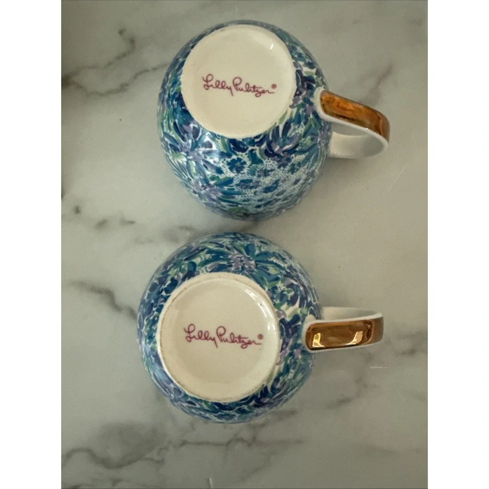 Lilly Pulitzer Ceramic Coffee Tea Cup Mug Tiger Lily Floral Set Of 2 Gold Handle - Picture 7 of 7